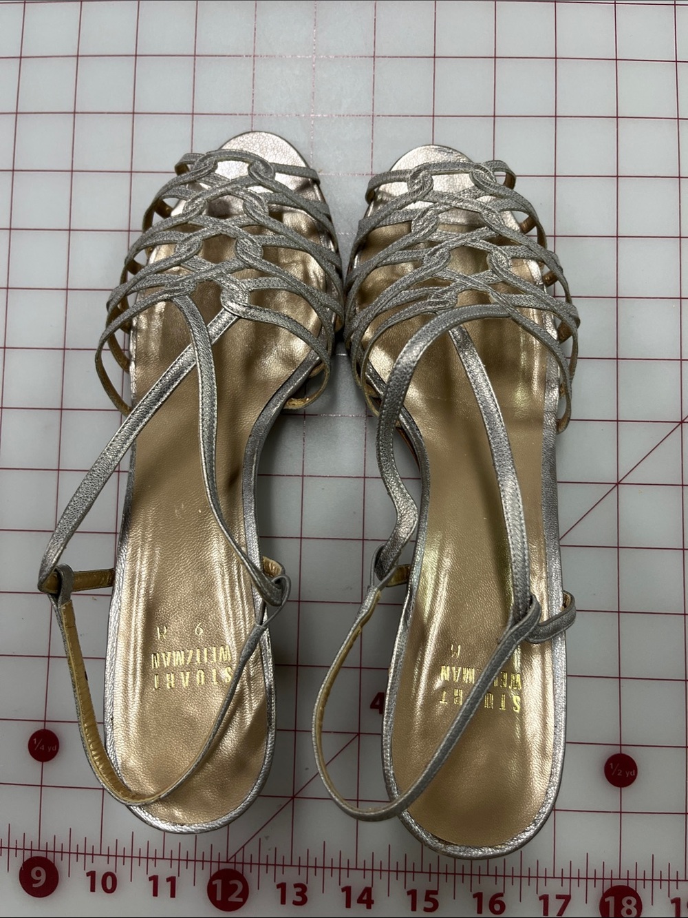 STUART WEITZMAN Evening Event Silver Metallic Strappy Stacked Heel Sandals SZ 9M - Picture 6 of 13
